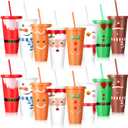 Christmas Plastic Cups with Lids and Straw Bulk 24 oz Xmas Disposable Tumblers Christmas Drinking Cups Santa Snowman Elk Thank You Gifts for Xmas Winter Coworkers Holiday Drinks (24 Pcs)