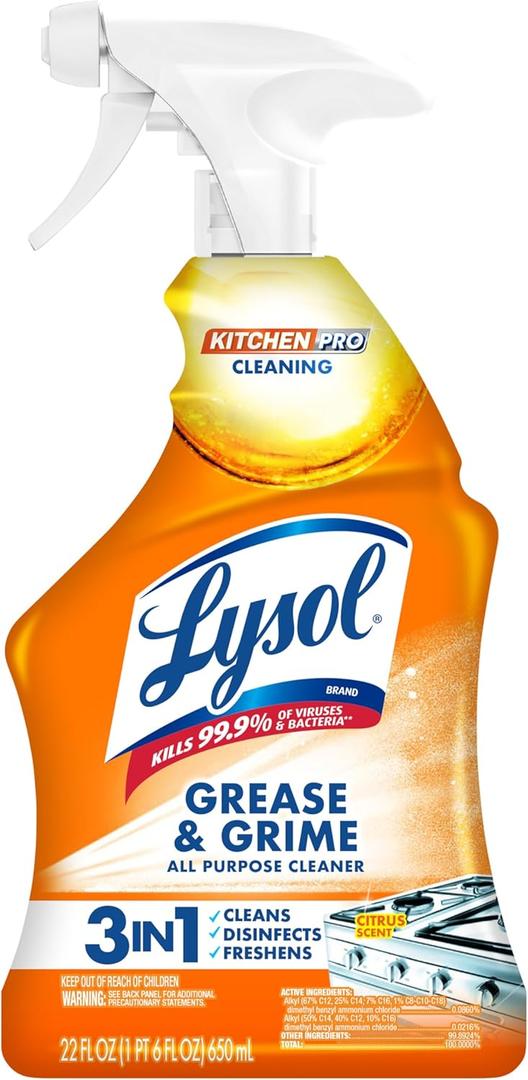 Lysol Pro Kitchen Spray Cleaner and Degreaser, Antibacterial All Purpose Cleaning Spray for Kitchens, Countertops, Ovens, and Appliances, Citrus Scent, 22oz (22 Ounce (Pack of 1))