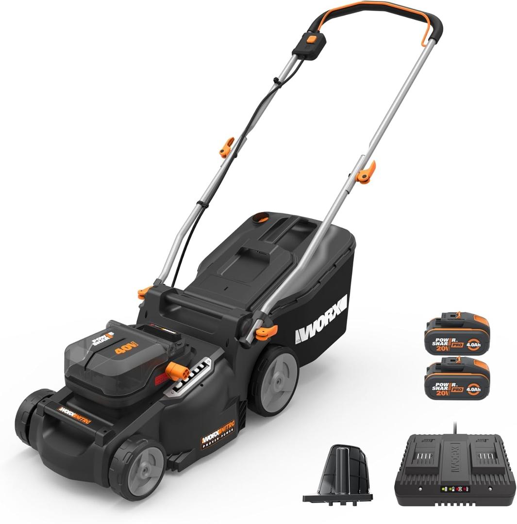 WORX Nitro 16" Cordless Lawn Mower, 2 in 1 Electric Mower with with Brushless Motor, Lightweight Push Lawn Mower for 1/4 Acre, 2 Batteries & Charger Included, WG737