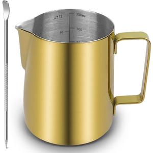 CAMKYDE Stainless Steel Milk Frothing Pitcher 12 oz, Espresso Steaming Pitcher with Decorating Pen for Espresso Machines, Cappuccino, Latte Art (Gold)