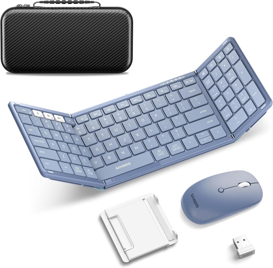 Foldable Keyboard and Mouse, Samsers Folding Bluetooth Keyboard Combo, 2.4G + BT5.0 x 2, Full-Size Portable Travel Keyboard & Rechargeable Wireless Mouse for Windows Android iOS Mac OS, 2.4G + Bluetooth 5.0 x 2, Young Blue