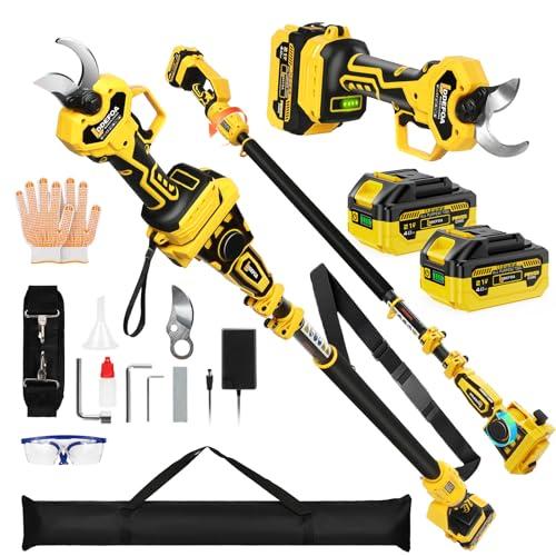 2-IN-1 Electric Pole Pruning Shears, 1.6" Cutting Diameter-Brushless Motor, Cordless Power Pruner with Extension Pole, Total Reach of Max 15.58FT, 2×4.0Ah Battery, SK5 Blade×2, LCD,for Garden Trimming