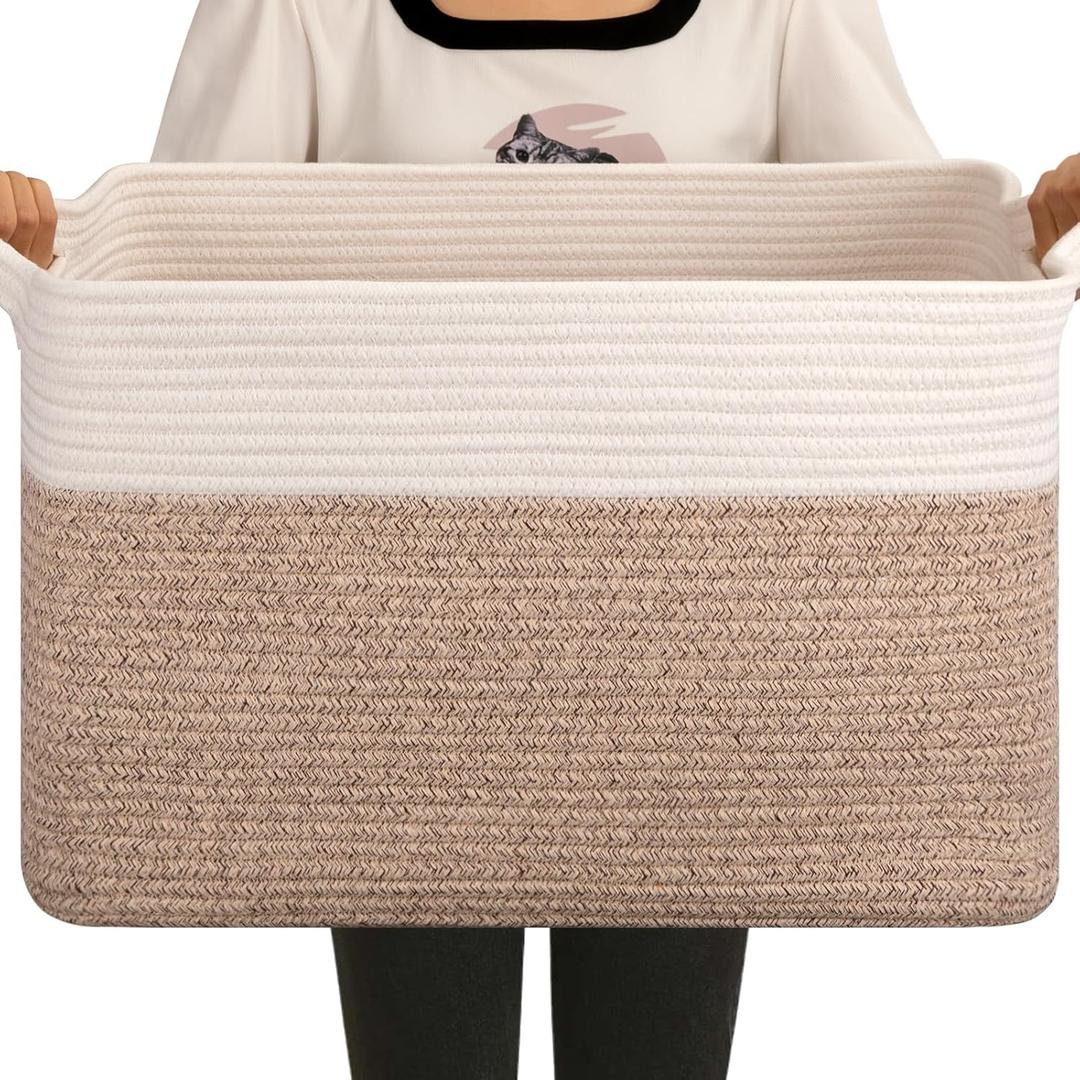 OIAHOMY Large Blanket Basket, 65L Cotton Rope Woven Laundry Basket, Toy Bin for Baby Room, Container for Blanket Storage in Living Room, 20''16''12'', Brown & White