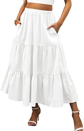 ANRABESS Women’s Summer Boho Flowy Swing Tiered A-Line Maxi Skirt 2025 Fashion Trendy Elastic Waist Pleated Long Beach Dress, S