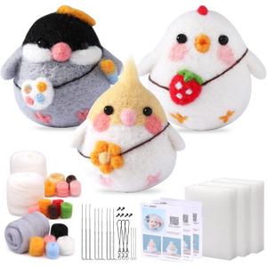 SOCNITC Felting Kits for Beginners, Animal Needle Felting Supplies Kits with Tools Foam Mat Felting Needles, Instructions, Wool Roving Doll Making Supplies for Beginners Adults (White+Light Yellow+Gray)