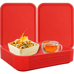 Fast Food Tray,12 Pack Plastic Serving Tray, Restaurant & Cafeteria Tray for Kitchen, Coffee Table, Party, Durable Non-Slip Black Food Trays, Reusable & Stackable,13.8x10.5 Inch (Red)