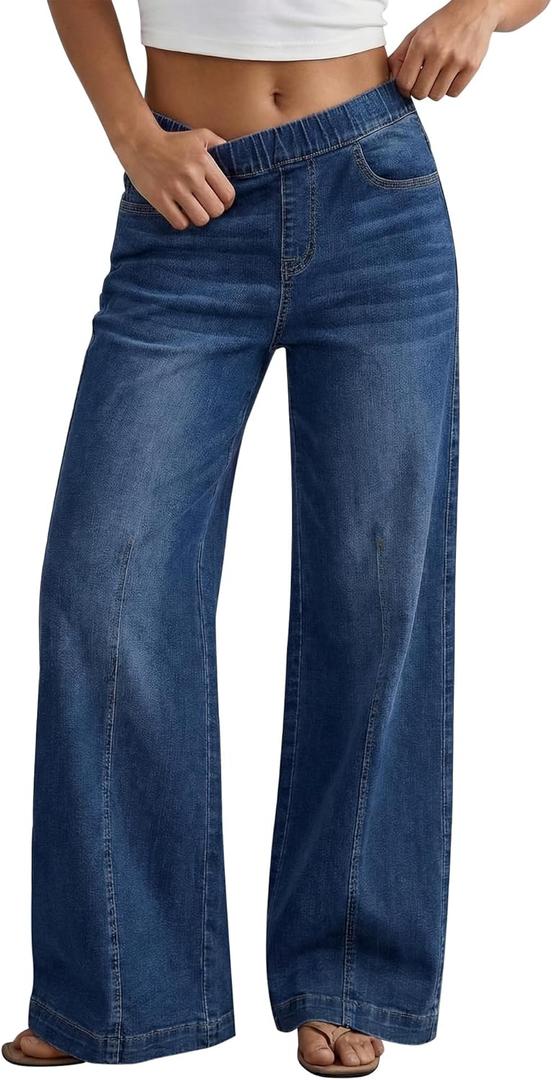 GRAPENT Pull On Womens Jeans Baggy Stretchy High Waisted Denim Wide Leg Trouser Pants Trendy Front Seam 90s Loose Jean (Blue), L