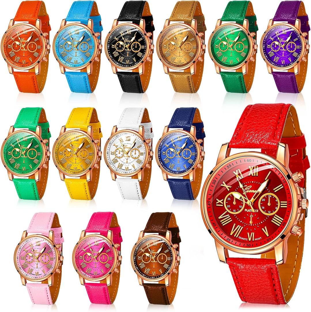 Yinkin 14 Pcs Assorted Platinum Watch Unisex Quartz Watch Sets for Women Men Ladies Watches Roman Numerals PU Leather Women's Wrist Watches
