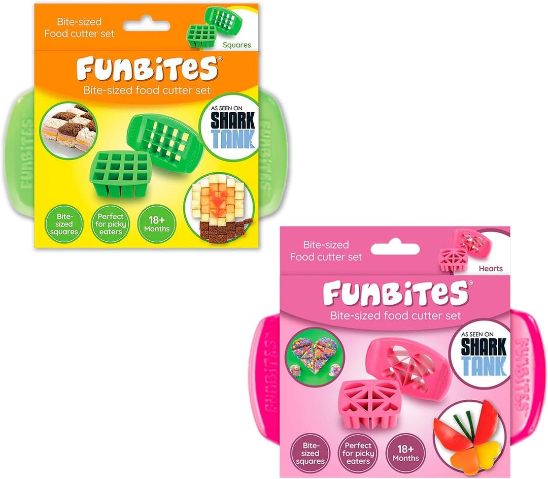 FUNBITES Crustless Sandwich Cutter for Kids Lunch (4-piece set), Uncrustable Sandwich Cutter, Bite-Size Food Cutter for Toddlers, Bento Box Accessories, BPA-FREE Dishwasher Safe, Squares/Hearts 2pk