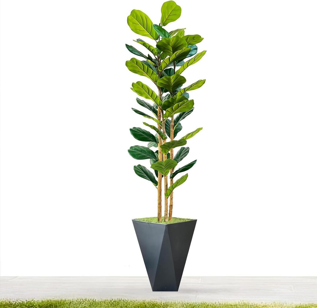 Fiddle Leaf Fig Tree Artificial, 6ft Tall Faux Plants Indoor with Polygonal Planter, Fake Fig Trees with Natural Wood Trunk for Office Home Living Room Decor, Housewarming Gift (Black Grey)