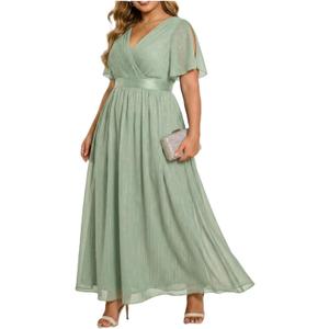 Talisea Plus Size Formal Dress - Chiffon V Neck Bridesmaid Wedding Guest Party Short Sleeve A-Line Floor Length Dresses, 18W