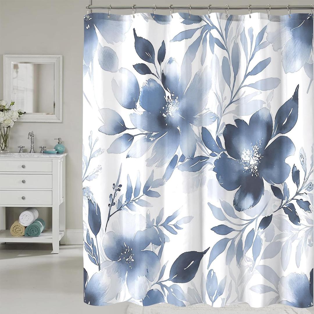 Floral Shower Curtain, Blue Watercolor Flower Shower Curtains for Bathroom, Modern Minimalist Waterproof Fabric Bath Curtain 72x72 Inch
