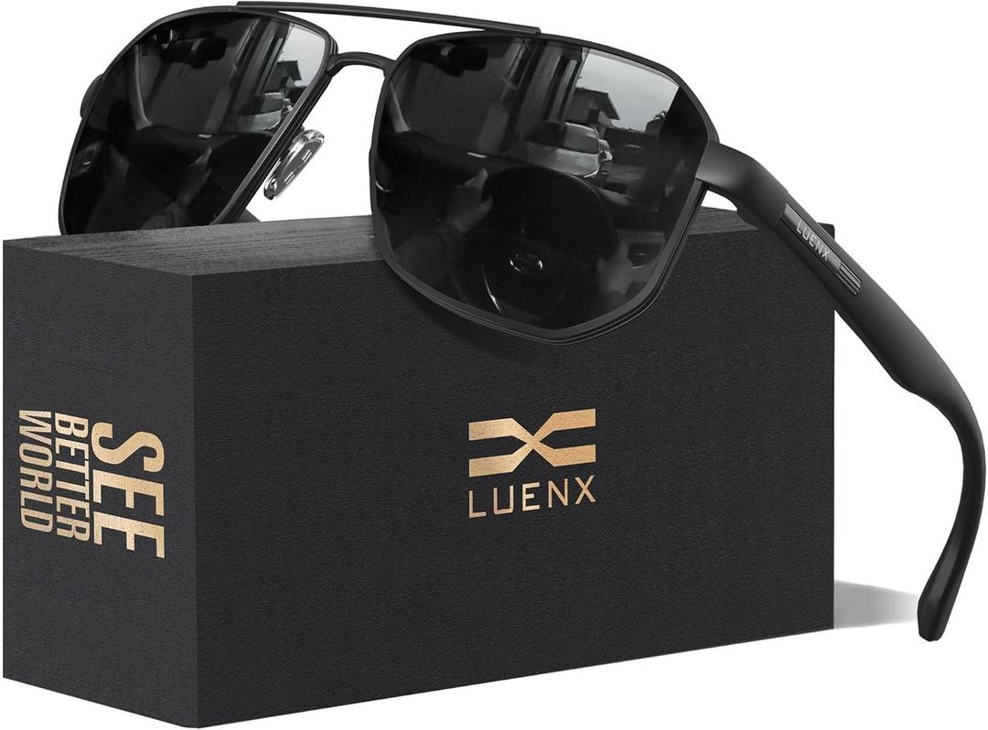 LUENX Aviator Sunglasses for Men Square Polarized Polygon Lens - UV 400 Protection with Accessories Driving Outdoor (Dark Grey Silver)