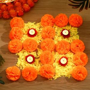 Diwali Marigold Chrysanthemums Dark-red Rose Petals Silk Artificial Flowers Set Artificial Flowers Decor for Party Indian Wedding Diwali Home Decor DIY Wreath Garland (Orange,Marigold)
