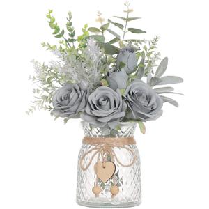 Faux Flowers with Vase,Artificial Silk Roses in Vase, Fake Plant Eucalyptus Flower Arrangement for Home Office Farmhouse Bathroom Dining Table Centerpiece Decorations Coffee Table Decor (Grey Blue)