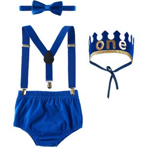 Baby Boy First 1st Birthday Cake Smash Outfit Boys One Birthday Crown Bloomers Pants Bow Tie Suspenders Set