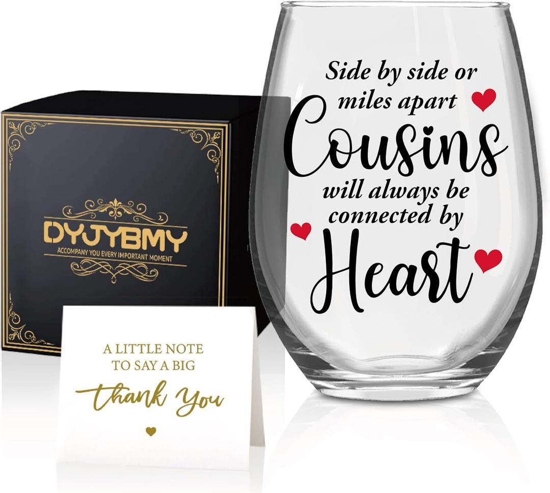 DYJYBMY Side By Side Or Miles Apart Cousins Will Always Be Connected Stemless Wine Glass With Gifts Box, Family Stemless Tumbler For Wine Lover, Housewarming Farewell Gifts For Cousins Friend Family (transparent11)