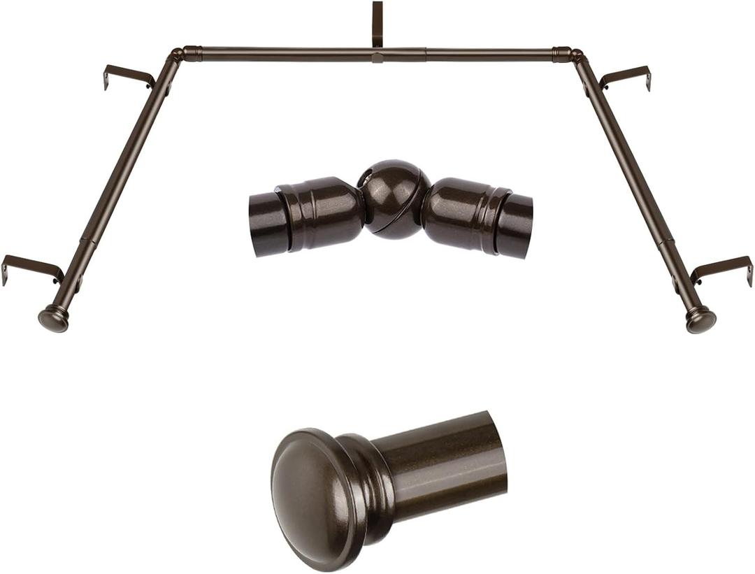 TONIAL Bay Window Curtain Rods, 36 to 72 Inch Center Rod for window, 20 to 36 Inch Side Rods for windows 3/4 Inch Decorative Drapery Rods with Small Cap Finial, Bronze