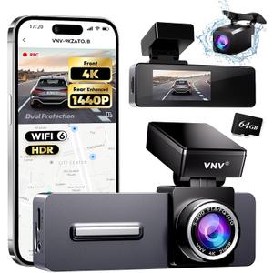 VNV 4K+2.5K Dash Cam Front and Rear, Dual Dash Camera for Cars, Include 64GB Card, WiFi 6-2025 Latest Tech, 24/ 7 Recording Car Camera, Night Vision, G-Sensor, 2" IPS Dashcam, Loop Recording, 24H Parking Mode