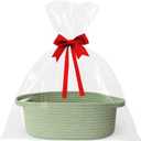 Small Baskets for Gifts Empty, 13"x 9"x 5" Woven Gift Basket with Bag and Ribbon, Cotton Rope Kids Dog Cat Toy Bin Box, Cute Baby Nursery Organizer, Decorative Storage with Handles, Green