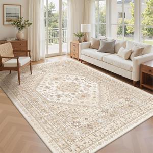 zesthome 5x7 Area Rugs - Ultra-Thin Washble Rug, Stain Resistant Anti Slip Backing Rugs for Living Room,Bedroom, Vintage Home Decor Area Rug (Cream/Beige)