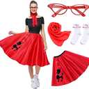 Rabtero Women Sock Hop Costume, Adult 1950s Poodle Dress Costume, 50's Poodle Skirt with Glasses, Scarf and Socks, S/M