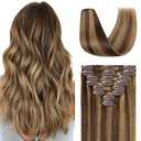 TESSHAIR Clip in Hair Extensions Real Human Hair 10 Inch Human Hair Clip in Extensions Medium Brown & Dark Blonde Hair Extensions Clip ins Double Weft 100% Real Human Hair Extensions 8 PCS 50g #4P27
