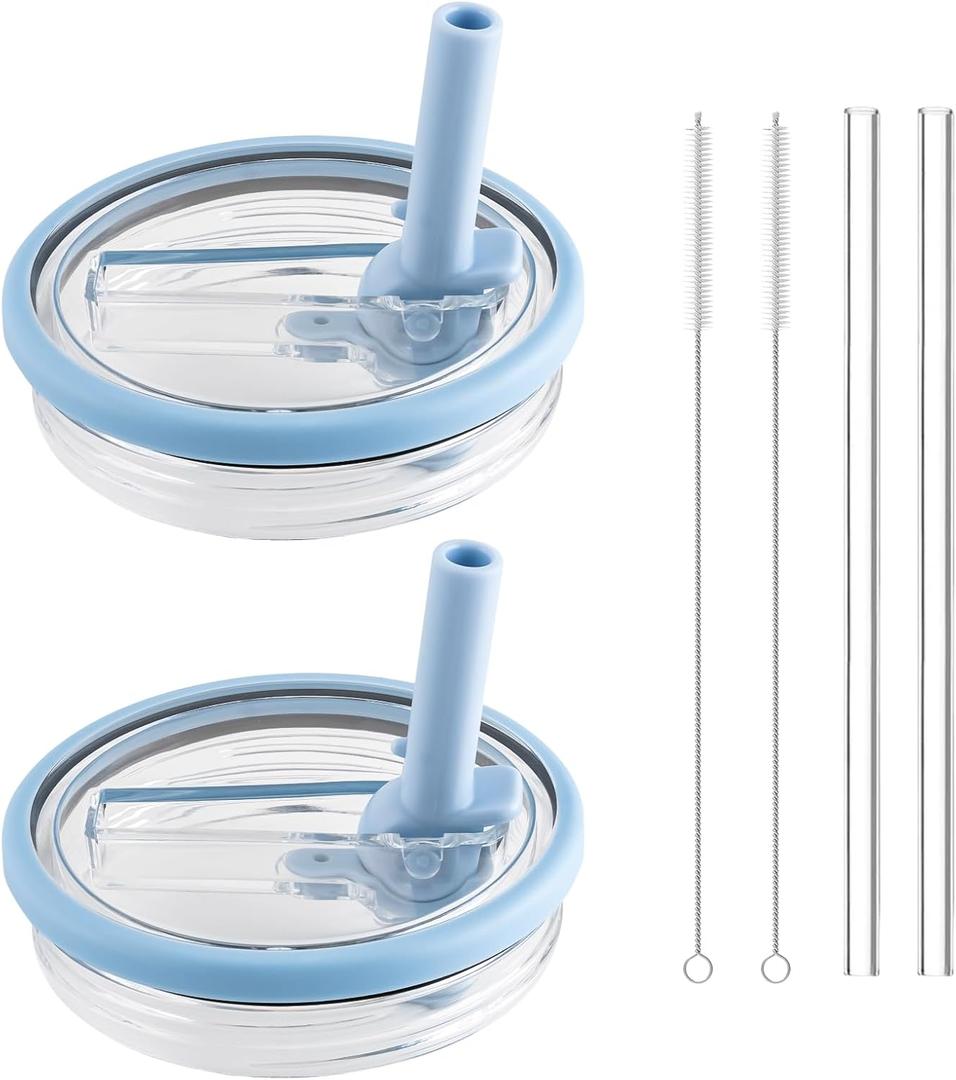 40 oz Tumbler Flip Straw Lid Replacement - Compatible with hydrojug lid replacement 40 oz. Pack of 2. It includes a silicone coaster. (Light blue)