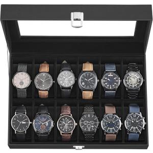SONGMICS Watch Box, 12-Slot Watch Case Organizer with Large Glass Lid, Removable Pillows, Gift for Loved Ones, Black Synthetic Leather, Black Lining UJWB012B01