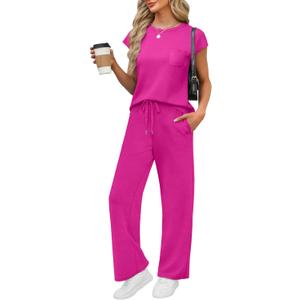 WIHOLL 2 Piece Sets for Women Casual Summer Travel Vacation Outfits Cap Sleeve Lounge Set (Medium, Hot Pink)