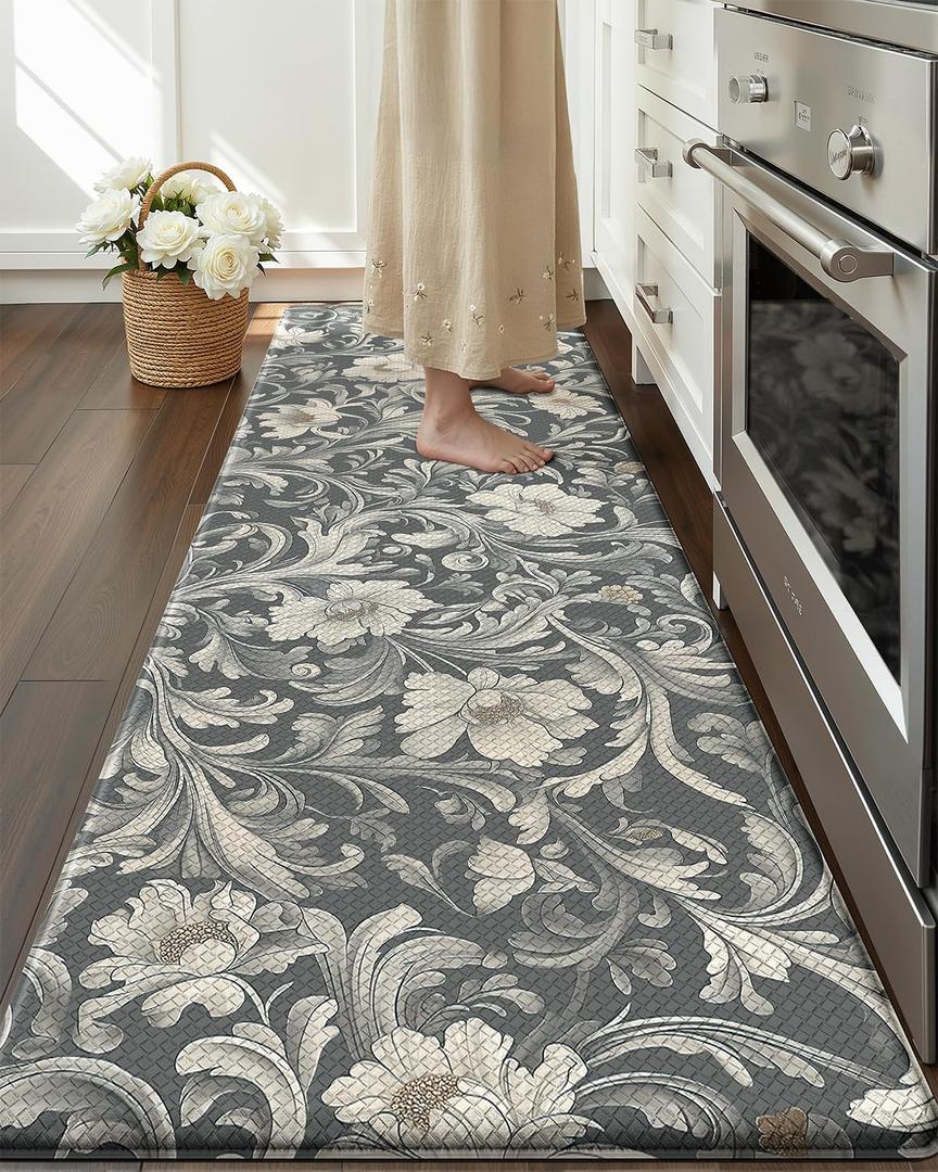 Color&Geometry Floral Kitchen Mat 24"x87", Anti Fatigue Kitchen Mats for Floor, Kitchen Rugs Non Slip, Waterproof & Oil Proof Padded Runner for Standing Desk Office, Sink - Grey