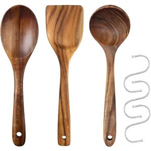 Wooden Kitchen Utensil Set, 100% Natural Teak Kitchen Utensils, Spatula, Soup Spoon, Salad Spoon, Wooden Cooking Utensils Set with S Hooks, Wood Spoons For Cooking (3 Packs)