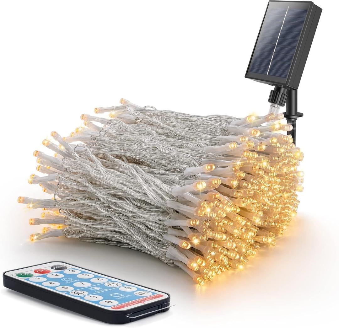 Solar String Lights Outdoor,500 LED 165FT Christmas Lights with 8 Modes and Timer, Remote Control for Holiday Patio Garden Party Decor(Warm White) (Transparent Wire)