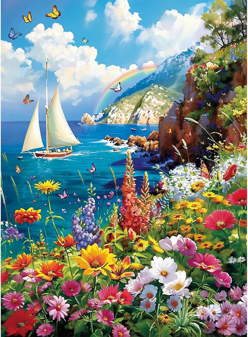 300 Pieces Puzzles for AdultsColorful Garden By The Ocean Puzzle for Adults Children ElderlyRecycled Paper Puzzle 300 PiecesGlossy, Sturdy Pieces Challenging Family Game Great Gift Idea (20.5x15in)