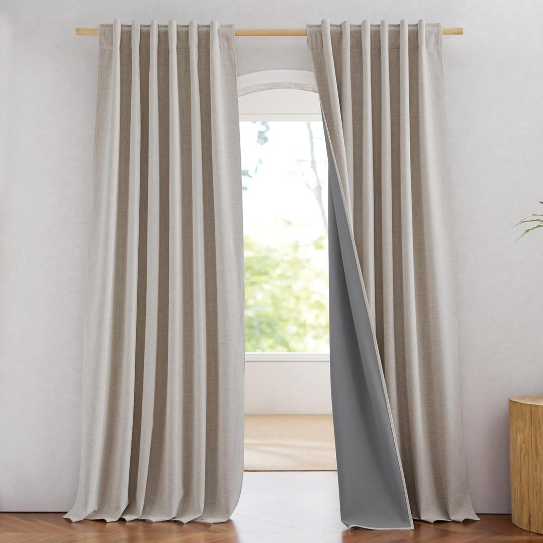 NICETOWN 100% Blackout Natural Linen Curtains 90" Length with Thermal Insulated Liners for Bedroom, Farmhouse Style Room Cooling Small Window Draperies for Dining Room (2 Panels, 52" W)