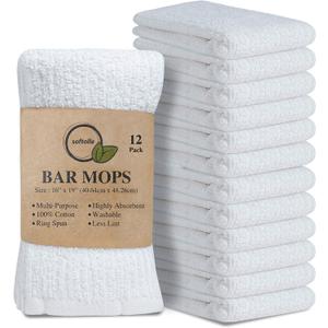 Softolle Bar Mop Towels, Pack of 12-16x19 Inches - 100% Cotton Super Absorbent Towels, Multi-Purpose for Home and Bar Cleaning (White)