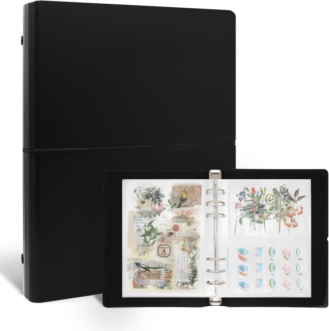 Sticker Organizer Binder Storage Book Collecting Album with Pocket Sheets and Hard Cover Layflat Design for Adult A5 Reusable Keeper Holder (BLACK)