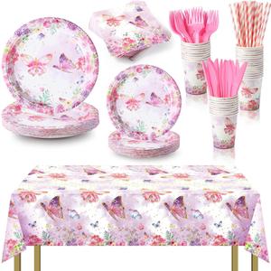 Buryeah 176 Pcs Butterfly Party Supplies Butterfly Plates Napkins Tablecloth Cups Straws Knives Forks Tableware Set for Baby Shower Birthday Decorations for Girl, Severs 25(Pink Purple)