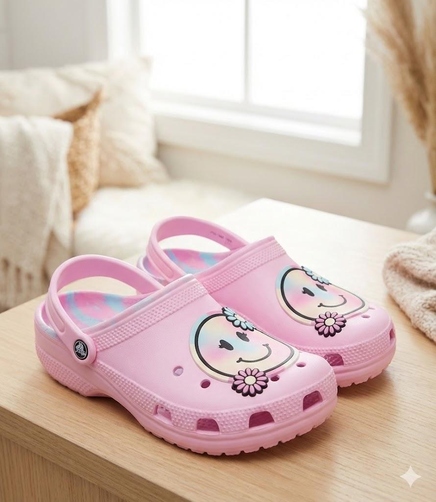 Smiley Face Size 11 Pink Children's Clogs Slip-on Slides Non-Slip Beach