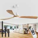 60" Ceiling Fans with Light with Remote Control, Indoor Outdoor Wood Ceiling Fan with 3 Wood Blades for Living Room, Hallway, Office, Farmhouse, etc. (White + Wood Color)