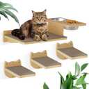 MeowHomm Cat Wall Shelves, Wood Wall Furniture with 3 Steps, Cat Feeding Shelf with 2 Food Bowls, Wooden Bed Furniture Wall Mounted