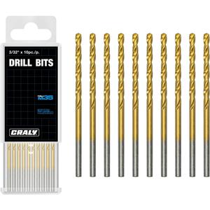 CRALY 3/32 Inch 10-Pc Cobalt Drill Bit Pack, M35 HSS Titanium Coated Jobber Length Twist Drill Bits, 135 Degree Split Point, for Hard Metal, Stainless Steel, Cast Iron, Plastic
