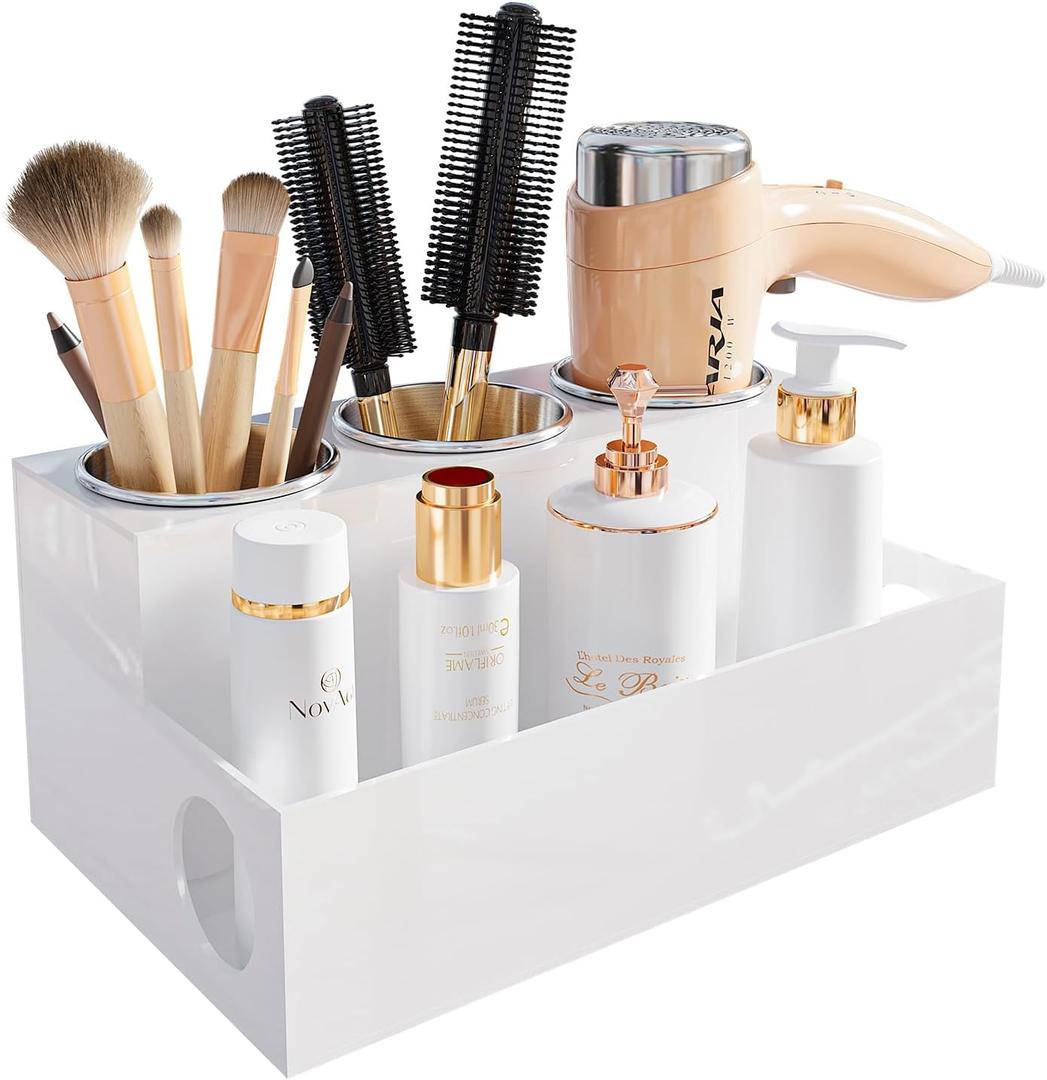Hair Tool Organizer, White Acrylic Hair Dryer Holder with Insulated Cup, Bathroom Supplies Countertop Blow Dryer Holder, Vanity Caddy Storage Stand for Accessories, Makeup, Toiletries