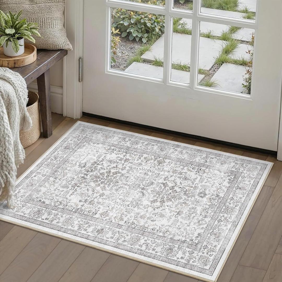 2x3 Gray Entryway Rug Non Slip Washable Area Rug Soft Vintage Boho Throw Rug Retro Distressed Floral Carpet Indoor Farmhouse Decor Low Pile Small Door Mat for Kitchen Bathroom Bedroom Laundry Office