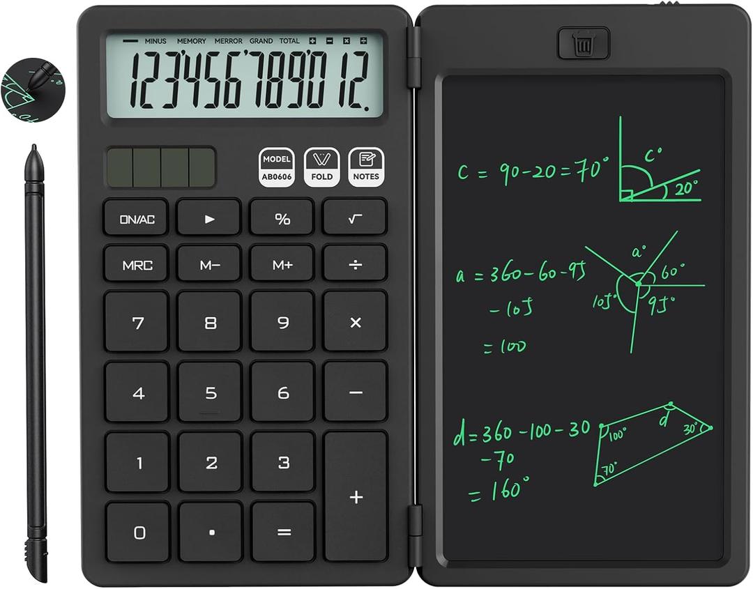 NEWYES Calculator, with Writing Tablet and Pen, Solar & Battery Powered, Suitable for Students, Families, Offices (Black)