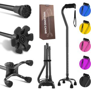 LIXIANG Walking Canes Stablize Women Quad Canes for Seniors & Adults Foldable Adjustable for Men & Women Heavy Duty Freestanding Cane for People with Leg Injuries 3 footings (Black)