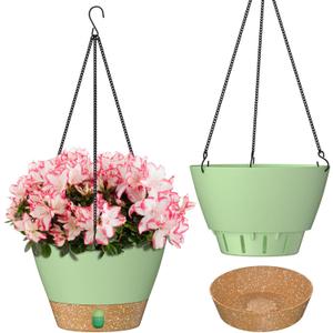 ZMTECH 8 Inch Hanging Planters for Indoor Plants, Hanging Baskets for Plants Outdoor with Visible Water Level, Hanging Flower Pots with Drainage Holes & Removable Tray (2 Pack, Green)