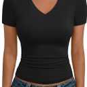 Trendy Queen Womens Basic V Neck Short Sleeve Spring T Shirts Slim Fit Crop Y2k Tee 2026 Summer Gym Workout Cute Top, Black, M