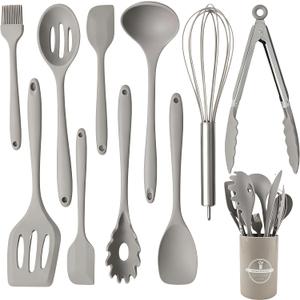 Silicone Kitchen Utensils Set,10 PCS Cooking Kitchen Utensils Set, Nonstick Kitchen Utensils 446F Heat-Resistant Cookware Kitchen Tools of Spoon,Brush,Whisk,Spatula,Turner Tongs(Khaki)