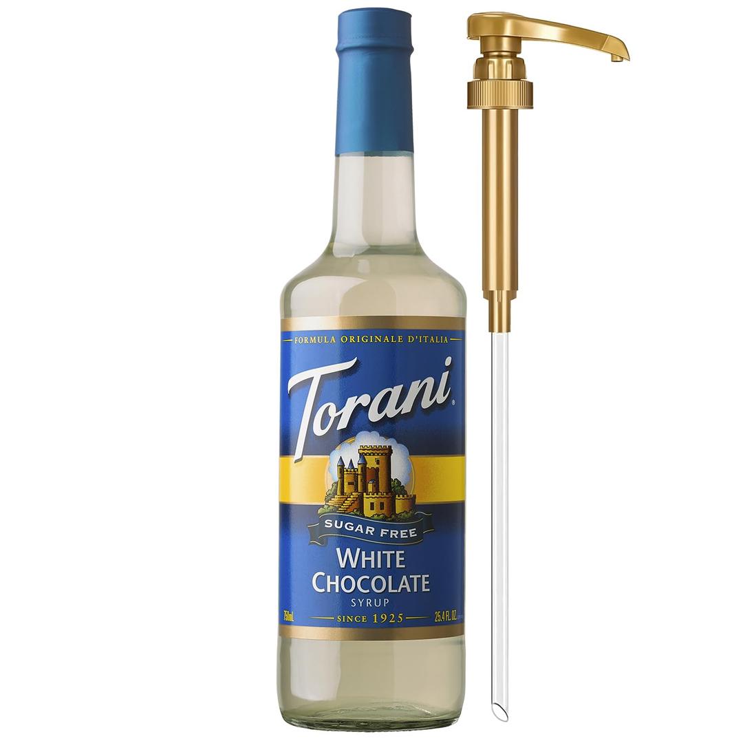 Torani Sugar Free Coffee Syrup, White Chocolate Flavored Syrup for Drinks, Zero Calorie, Glass Bottle with Pump Included, 25.4 Fl Oz, No BB Date